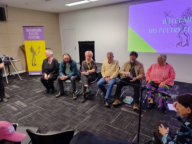 Festival guests (from left), Liz Winfield, Alex McKeown, Erin Coull, Les Wicks, Kit Kelen and Kim Nielsen-Creeley